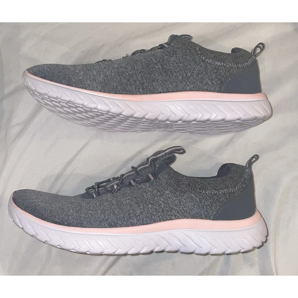Athletic Works Womens 8W Gray Pink Bungee Slip On Walking Sneakers Memory Foam